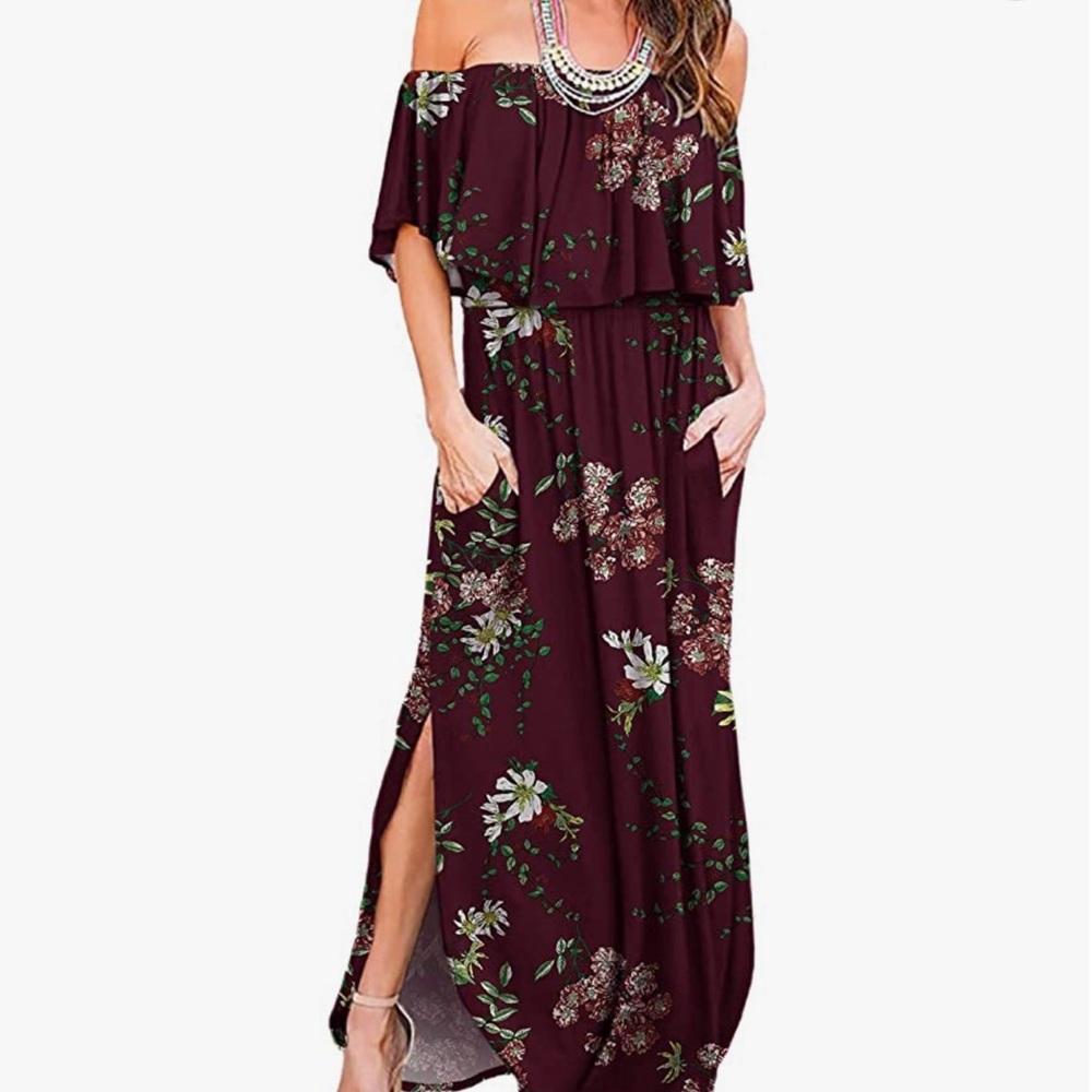 LILBETTER Womens Off The Shoulder Ruffle Party dress with Side Split Beach Maxi